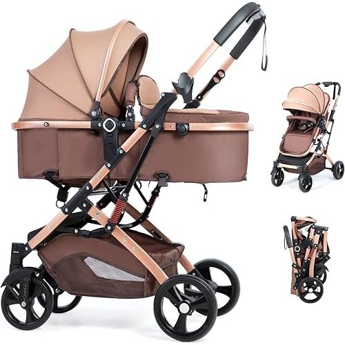 2 in 1 Baby Stroller Newborn Foldable Pushchair with Adjustable Canopy Folding High Landscape Infant Carriage, Anti-Shock Toddler Pushchair