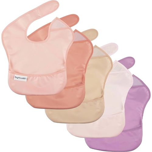 Tiny Twinkle Mess Proof Baby Bibs for Eating – Waterproof, Wipeable Toddler Bibs with Pocket – Baby Food Bibs for Girls & Boys(5 Pack, Girl Spring)