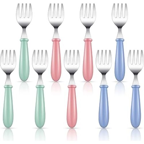 Chumia 9 Piece Toddler Forks Set 18/8 Stainless Steel Baby Forks with Food Grade Plastic Handles, Anti Choke Rounded Tips, Easy Grip for 0-3 Years Old Toddlers, Dishwasher Safe