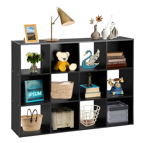 SUPER DEAL 12 Cube Storage Organizer, Open Shelf Bookcase, Wood Cubical Shelves Closet Cabinet Display Unit with 6 Removable Back Panels for Living Room Bedroom, 47 inch Wide, Black