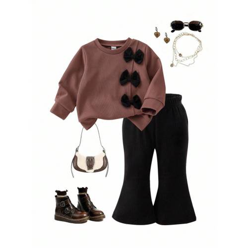 SHEIN Playful Pals 2pcs Infant Girl Summer Fashion Simple Cute Brown Long Sleeve Round Neck Hoodie With Black Bow Decor, Paired With Black Flared Pants Set, Suitable For Daily Wear And Photography Fall Winter | SHEIN USA