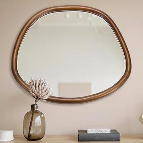 Irregular Wall Mirror, 22 x 24 inch Wall Mirrors Decorative, Asymmetrical Mirror with Wooden Frame, for Bathroom, Living Room, Entryway (Brown Walnut)