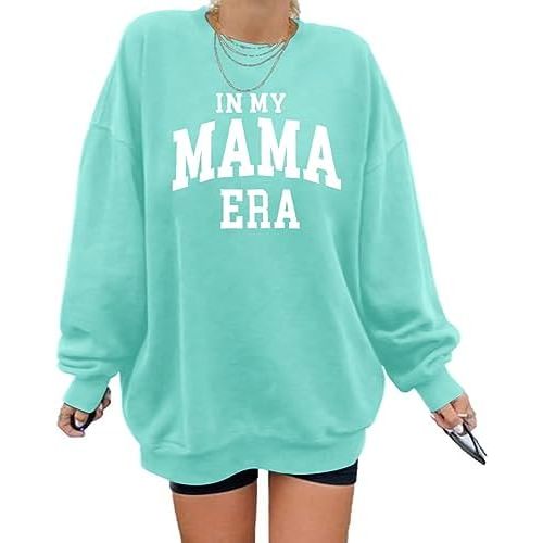 MYHALF Women Mama Sweatshirt Oversized Sweatshirts Crewneck Mom Era Print Pullover Long Sleeve Sweater Shirts