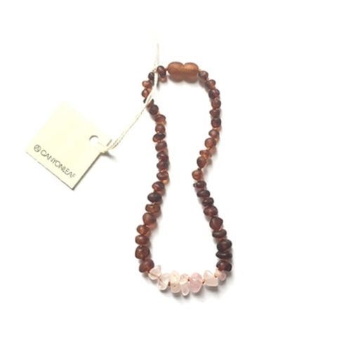 Raw Cognac Amber Teething Necklace, Rose Quartz Howlite - Spearmint Ventures, LLC