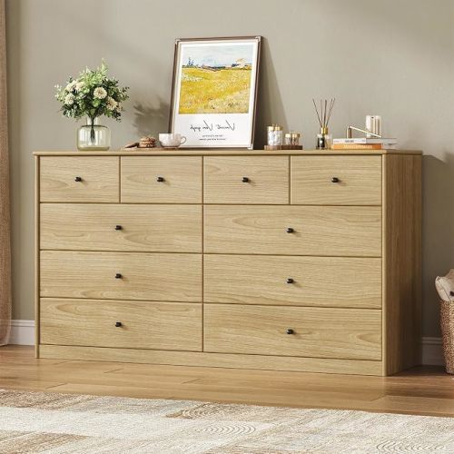 10 Drawer Dresser for Bedroom, 55.1" Wide Dresser, Natural Oak