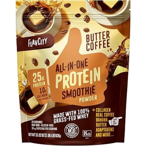 FlavCity Grass Fed Whey Protein Powder - Butter Coffee - 25g Protein, 10g Collagen & 87mg Caffeine - Made with Organic Reishi & Cordyceps - Gluten Free & No Added Sugars (20 Servings)