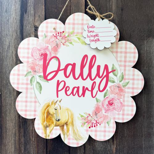 Floral Gingham Horse Printed Custom Personalized Name Sign | Hospital Door Hanger | Horse Baby Announcement | Custom Horse Sign | Name Sign