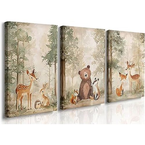 GUBIYU 3-Piece Woodland Nursery Canvas Wall Art, Watercolor Animal Prints, 16"X24", Unisex Kids Room Decor