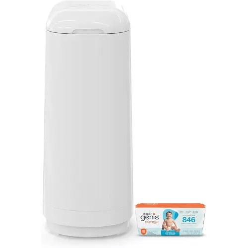 Diaper Genie Essence Pail, White with 18 Easy Roll Refill Bags