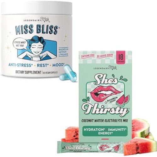 Legendairy Milk She’s Thirsty Hydration Packets, Watermelon, 18 Count + Miss Bliss Daily Stress Support Supplement with Saffron, L-Theanine & Magnesium, 60 Capsules