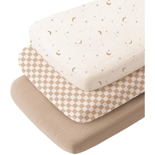Konssy 3 Pack Muslin Bassinet Sheets for Baby Girls Boys, 33"x21"