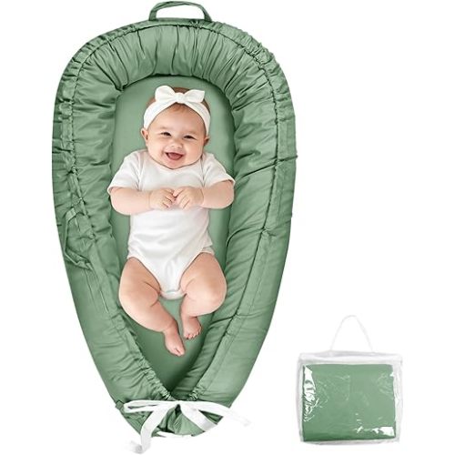 Hooyax Oreiller de chaise longue pour bébé, nid de bébé en coton respirant super doux pour nouveau-né, housse de nid pour nourrisson, chaise longue réversible pour garçons et filles (vert)
