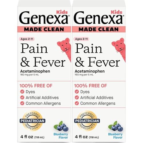 Genexa Children's Clean Acetaminophen | Pain & Fever Reducer for Kids | Kids Medicine, Dye Free Acetaminophen, 0% Artificial Additives | Ages 2-11, Delicious Organic Blueberry Liquid, 8 fl oz (2 Pack)