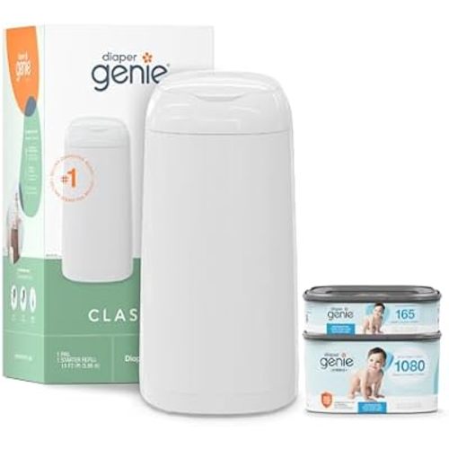 Diaper Genie Classic Diaper Pail Gift Set | Push-N-Lock Odor Control | Includes Starter Refill and Jumbo+ Refill | Holds up to 1,245 Newborn Diapers | Baby Registry Must-Have