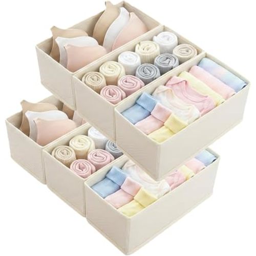 Small Foldable Fabric Drawer Organizer 6 Pack Beige - 11“ Breathable Closet & Dresser Storage Bins for Socks, Underwear, Bras & Baby Clothes