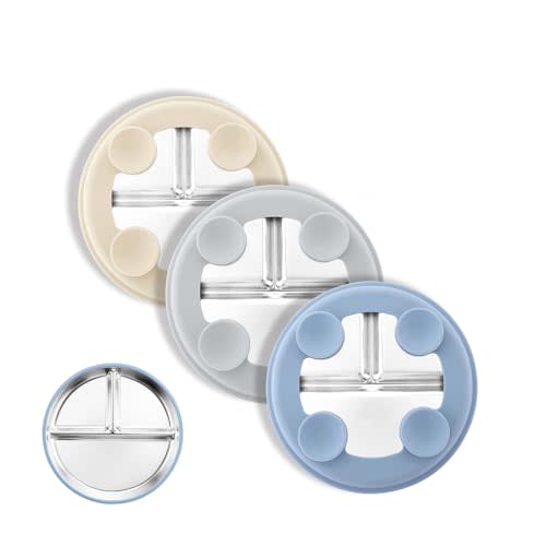 Bakpoco Stainless Steel Suction Plates for Toddlers, 8" Divided Kids Baby Plates with Removable Silicone Suction, Non Toxic Non Slip Portion Control Snack Dishes 3 Packs, Blue Gray Beige