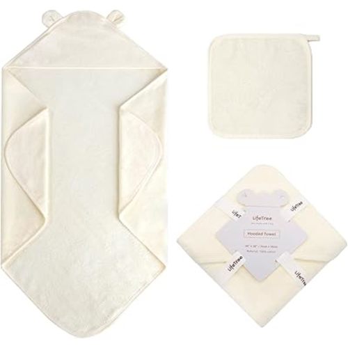 LifeTree 1 Pack Baby Hooded Towel with 1 Pack Washcloth for Newborn, 100% Cotton Bath Towel for Babies, Infant, Toddler and Kids, Thick,Soft and Absorbent, 30 * 30 Inches, Newborn Essentials, Khaki