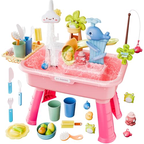 Toddler Water Table for 1-3 Year Old - Upgraded Electric Pump Water Toys, Outdoor Sensory Play Sand & Water Table, Kitchen Sink Toy with Running Water & Fishing Game, Summer Gifts for Boys Girls(Pink)