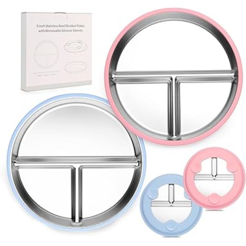 Stainless Steel Kids Plates, 2 Pcs Baby Silicone Suction Plate, 9" Divided Toddler Stainless Steel Plates, Non Toxic & BPA Free Non Slip, Dishwasher & Microwave Safe