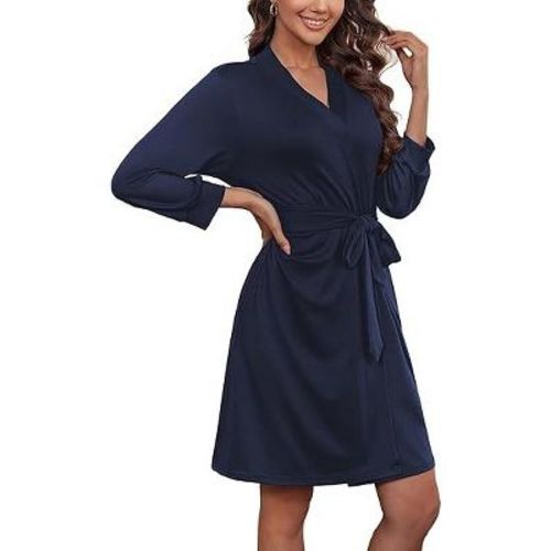 Ekouaer Women‘s Robes Lightweight 3/4 Sleeve Short Knit Bathrobe Soft Knee Length Sleepwear Robes with Pockets Navy Blue M