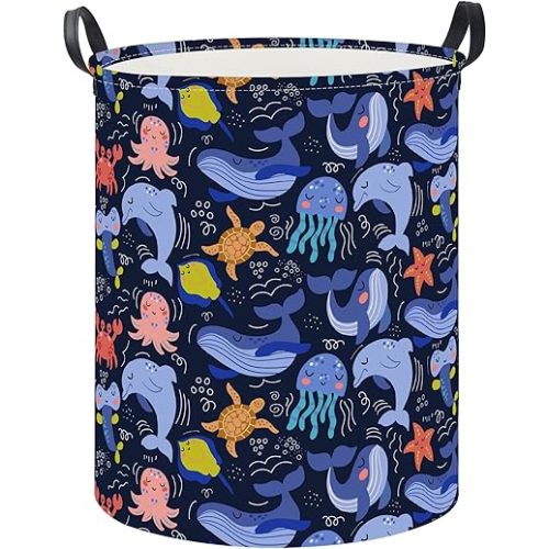 19.7" Laundry Basket, Dirty Clothes Hamper, Waterproof Storage Bin, Room Decor, Gift Baskets,Nursery Hamper(Line Ocean)