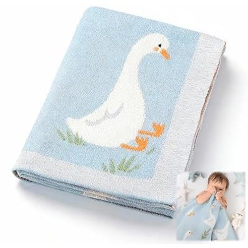 Silly Goose Baby Blanket Cute 100% Knitted Cotton Swaddle Cover Receiving Nursery Baby Shower Goose Gift for Newborn Swaddle Infant Crib Receiving Strollerelty(Blue)