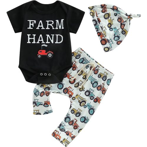Twopumpkin Infant Baby Boy Farm Letter Bodysuit Romper and Long Pants Newborn Coming Home Outfit Cute Clothes Sets with Hat