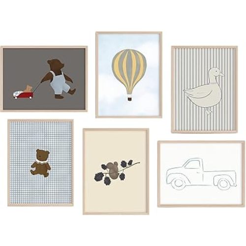 Boy Nursery Wall Art Decor Set of 6 Baby Room Canvas Wall Decor Vintage Adventure Nursery Prints Teddy Bear Boy Poster Toddler Wall Art Blue Pictures Hot Air Balloon Painting for Bedroom Room Dorm Home Decor 8x10 Unframed