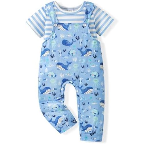 NZRVAWS Newborn Baby Boy Clothes Outfits Infant Stripe Animal Romper Cute Denim Jeans Jumpsuit Overalls 0-18 Months