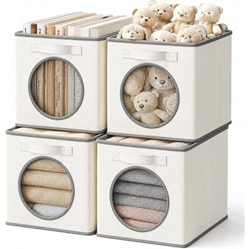 Vailando Ultra Thick Fabric Foldable Storage Cubes with Mesh Window - 11 Inch Cube Storage Organizer for Clothes, Shelves, Offices, Toys & Misc, White & Ivory, 4 Pack