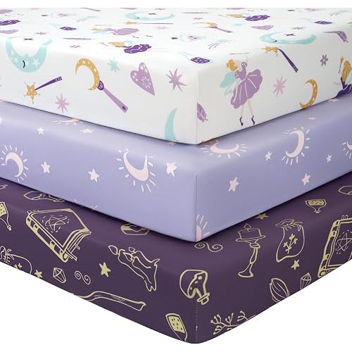Baby Mini Crib Sheets Girl, Portable 38”x26” Pack and Play Sheets Fitted for Playard and Pack N Play Mattress, 3-Pack Soft Microfiber Purple Magic Fairy