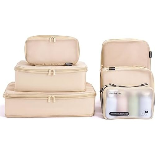 6 Set Compression Packing Cubes for Travel, Durable Nylon Oxford Luggage Organizers with IP6X Waterproof Toiletry Bag, 6-Piece Expandable Suitcase Bags (Mist Khaki)