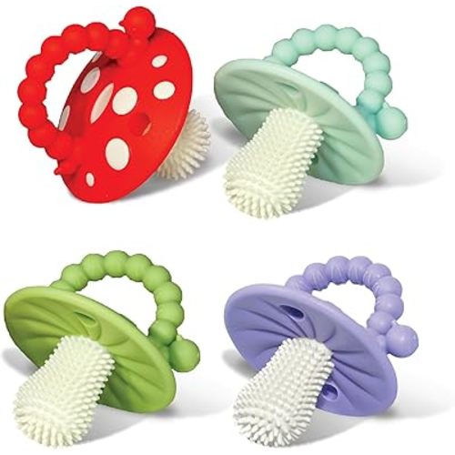 RaZbaby Soft Silicone Infant & Baby 3M+ Teether Toy Massaging Bristles Teething Relief Pacifier - Soothes Sore Gums - Hands-Free & Easy-to-Hold Chompy Teether, BPA Free (Lavender/Green/RED/Blue)