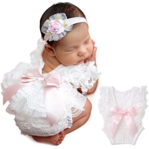 ForBaysy Newborn Photography Props Girl Outfit Lace Romper Match Cute Flower Headband Newborn Dress Posing Props