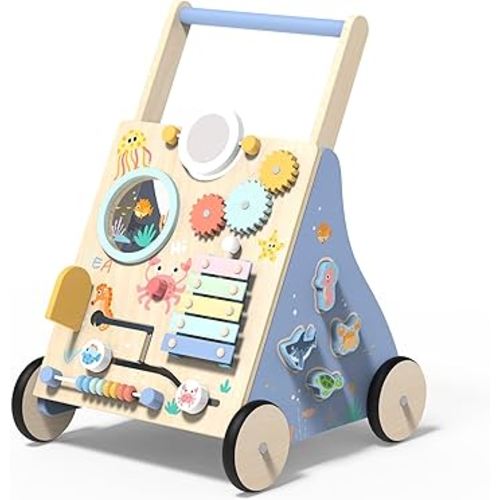 Wooden Baby Walker, Baby Push Walker with Montessori Toy for Girls Boys, Toddler Walking Toys for 18 Months of Age and Over Learning to Walk, Sit-to-Stand, Baby Activity Center for Kids Development