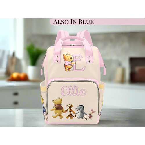 Diaper Bag Custom Monogram Pooh Bear Diaper Backpack Girl Baby Shower Gift Baby Pink Winnie the Pooh Waterproof Mommy Bag Girl Gifting Idea