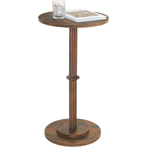 MaxSmeo Drink Table, Small Side Table for Small Spaces, Modern Round End Table with Fluted Wood Leg, Rustic Brown