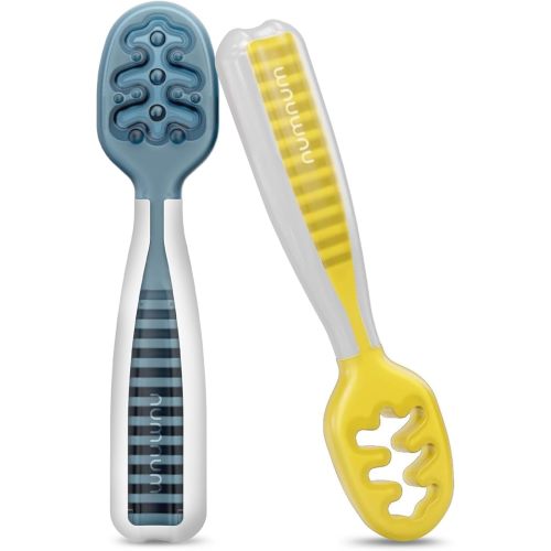 NumNum Baby Spoons Set, Baby Essentials Pre-Spoon GOOtensils for 6+ Months, First Stage Self-Feeding Spoons for Baby Led Weaning (BLW), Silicone Toddler Utensils, BPA-Free, 2 Pack Blue/Yellow