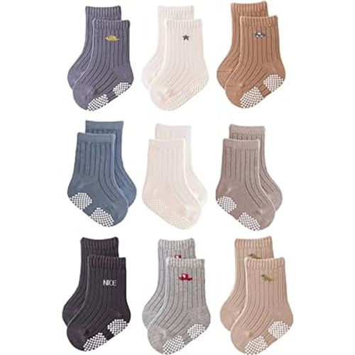 J Poqobog Baby Crew Socks,Grips Combed Cotton Socks Toddler Non-Skid for Girls,Boys Non Slip/Anti Skid 9-Pack