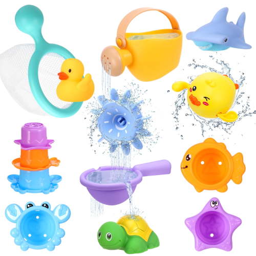 sixwipe 11 Pcs Bath Toys for Kids Toddlers, Non Mold Baby Bath Toys Set for 6-12 Months+, Animal Floating Pool Toys with Fishing Net Swimming Ducks Watering Can for Bathtub Water Activity