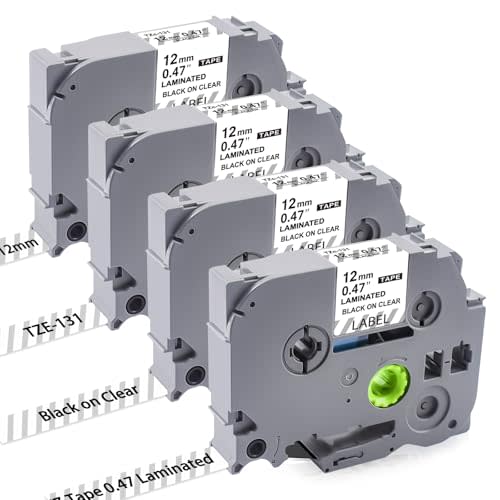 Womiten 4PK Tz Tape 12mm 0.47 Laminated Clear TZe-131 TZe131 Compatible for Brother Label Maker Tape 12mm 0.47 Clear TZ-131 1/2 inch x 26.2 ft Black on Transparent for P Touch PTD210 PTD200 PTH100