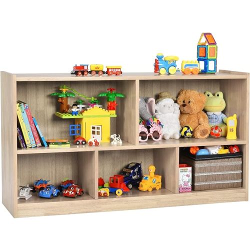 Costzon 2-Shelf Bookcase for Kids, Wooden Toy Storage Organizer for Books Toys, 5-Section Freestanding Classroom Daycare Montessori Bookshelf for Preschool, Home Playroom & Kindergarten (Natural)