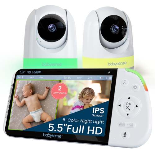 Babysense Max View PRO: Full HD Video Baby Monitor with 2 HD Cameras, Split Screen, Non Wifi, Night Light & Sound Machine