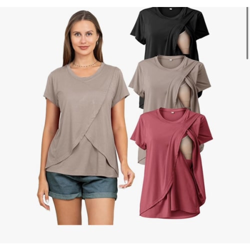 Rnxrbb 3 Pack Women's Nursing Tops for Breastfeeding Summer Short Sleeve T Shirts Postpartum Double Layer Clothes