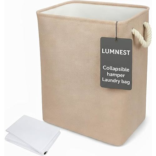 Collapsible Linen Look Fabric large Storage & Laundry Hamper with Drawstring - Durable Laundry Basket Laundry Bag Foldable Space Saving Basket Toy Basket, Dust Proof & Stackable, Beige