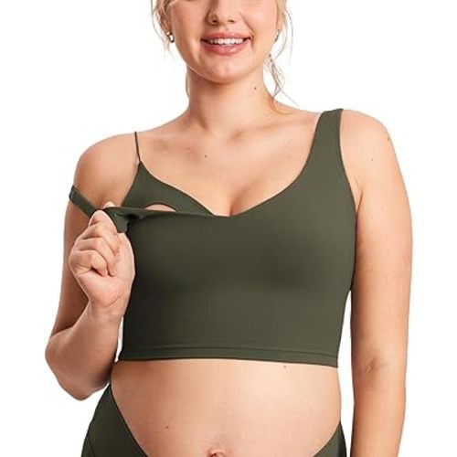 MOMANDA Women's Nursing Bras Longline Sports Breastfeeding V Neck Sleeveless Crop Tank Top with Built in Bra Olive Green Small at Amazon Women’s Clothing store