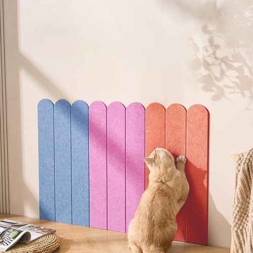 Cat Wall Scratcher, Scratching Pads, 3-Panel 0.35" Thick Felt, Scratching Post Alternative Self-Adhesive Cat Scratch Mat for Sofa/Door/Wall (Sky Blue/Rose Red/Longan Yellow