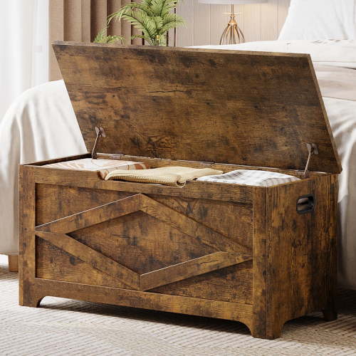 KOKEBREN 39.4"L Storage Chest, Wooden Toy Storage Bench, Modern Style Lift-Top Toy Chest with Safety Hinge for Entryway, Bedroom, Living Room,Brown