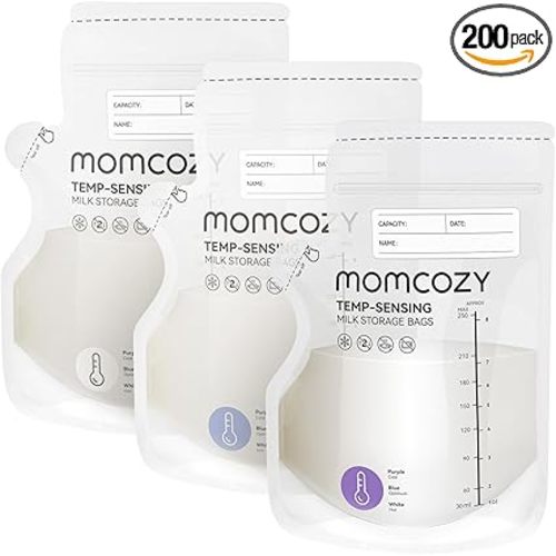 Momcozy Easy Pour Breastmilk Storage Bag, 8Oz, Temp-Sensing Color Change, 200 Count Milk Bag with Self Standing for Breastfeeding, No Leak Presterilized for Freezer, Recyclable & BPA Free