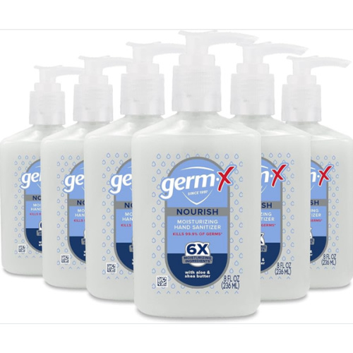 Germ-X Nourish Hand Sanitizer, 8 Fl Oz (Pack of 6), 2-in-1 Moisturizing and Sanitizing Formula with Shea Butter, Vitamin E & Aloe, Non-Greasy, Fresh Scent, Pump Bottle